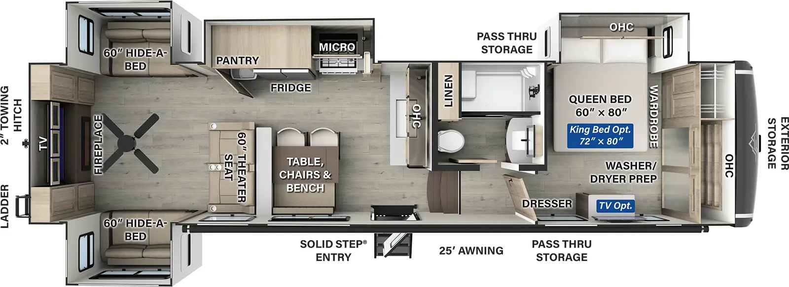 The Flagstaff Classic Fifth Wheels F375RL has one entry and four slide outs. Exterior features include: fiberglass exterior and 25' awning. Interiors features include: front bedroom and rear living.